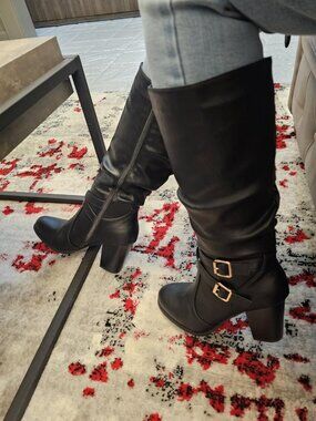 Women’s Slouchy Knee-High Boots | Chunky Heel Buckle Boots